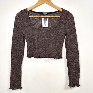 Ruffle Trim Square Neck Knit Long Sleeve Crop Top